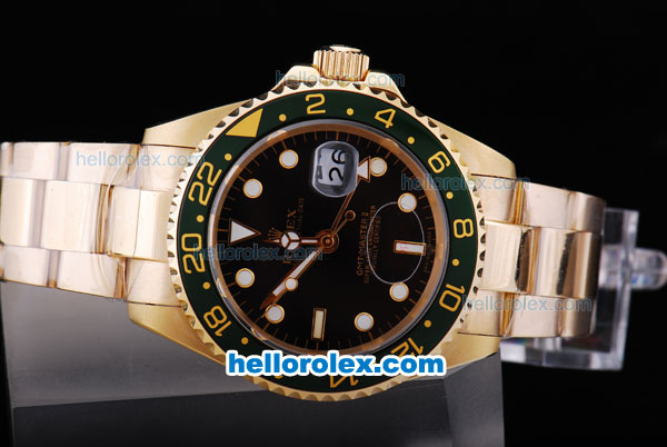 Rolex GMT-Master II Automatic GMT Working Full Gold with Black Dial-Green Bezel - Click Image to Close